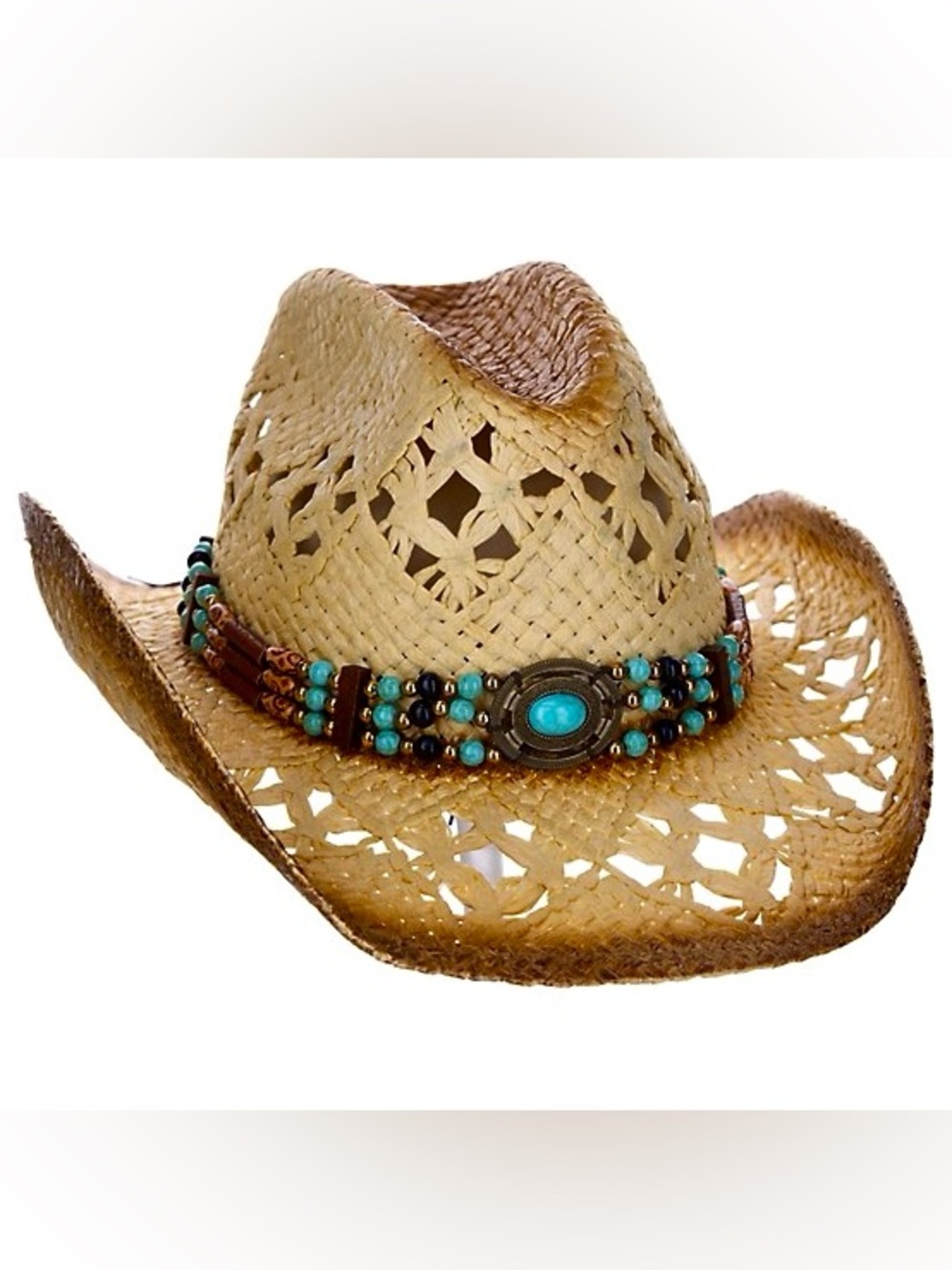 Scala Women’s Cattlemen Western Hat, 100% Rafia with Turquoise Beaded Design, OS